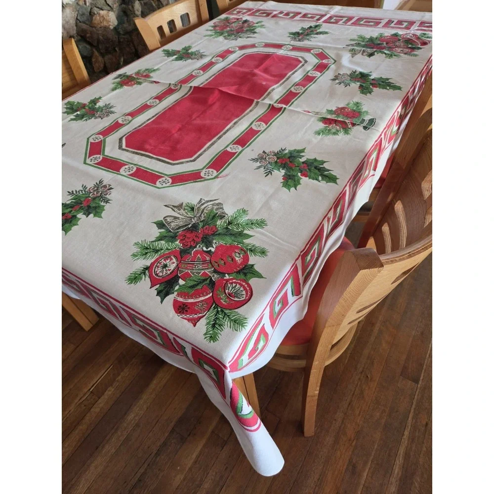 Vintage Christmas Tablecloth MCM 52x68 Retro Some Minor Flaws See Pics